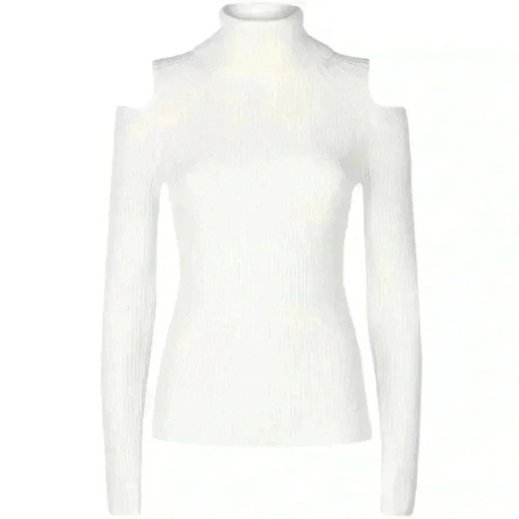 Theory Jemliss Cold Shoulder Ribbed  Wool Turtleneck Sweater Ivory Cream Small - Picture 4 of 16